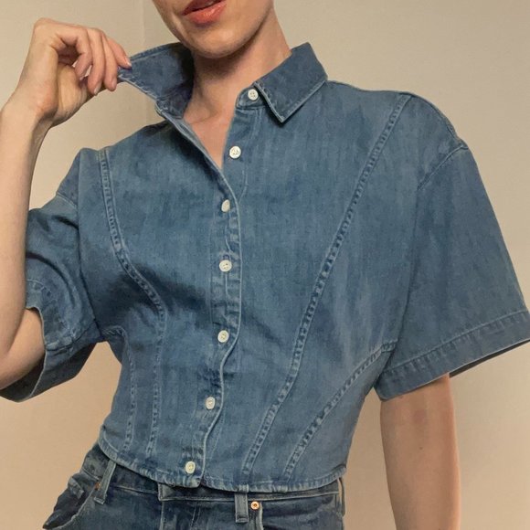 FRAME Corset Denim Blouse with Midi-Sleeve - Picture 1 of 15